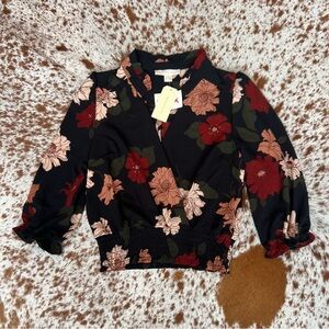 Monteau Los Angeles Blouse Sheer Black Floral Lined Size L New with Tags